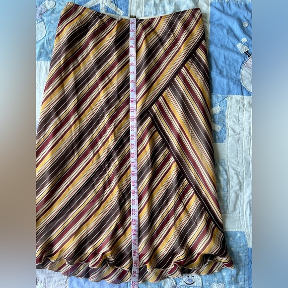 90s Nine West Womens Retro Brown Striped Silk Ruffle Hem Midi A-Line Skirt Large - Picture 10 of 13